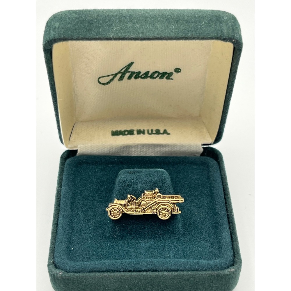 Anson Vintage Fire Truck Tie Tack Gold Tone Fire Engine with Box Made in USA